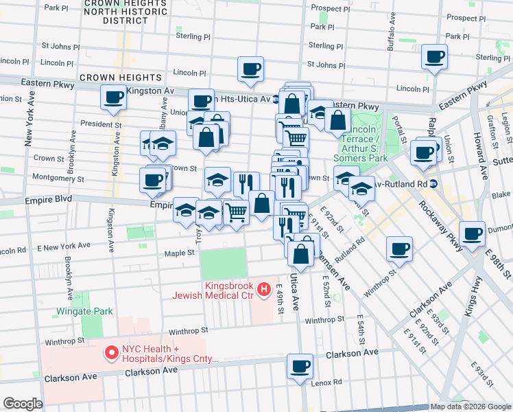 map of restaurants, bars, coffee shops, grocery stores, and more near 853 Empire Boulevard in Brooklyn