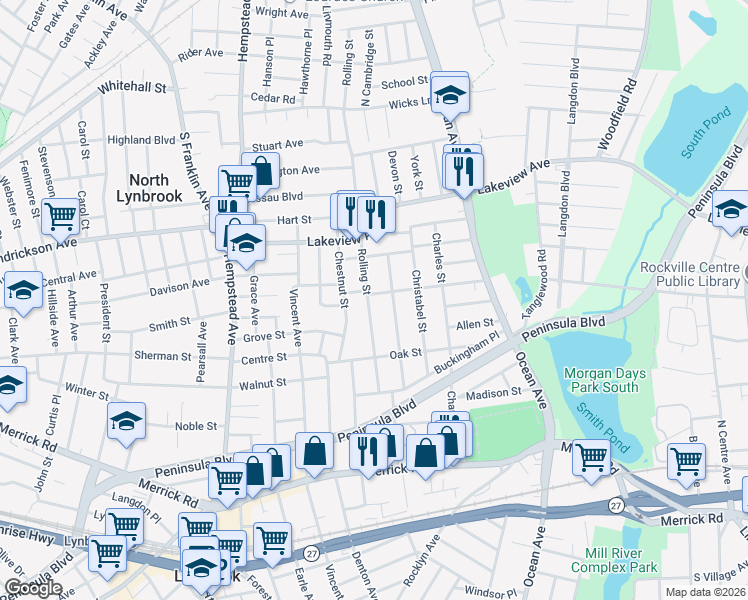 map of restaurants, bars, coffee shops, grocery stores, and more near 79 Rolling Street in Lynbrook