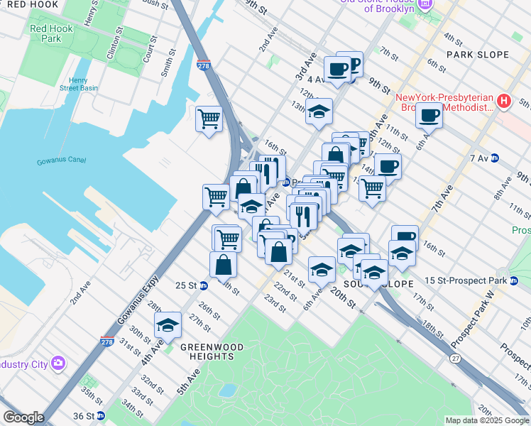 map of restaurants, bars, coffee shops, grocery stores, and more near 189 19th Street in Brooklyn