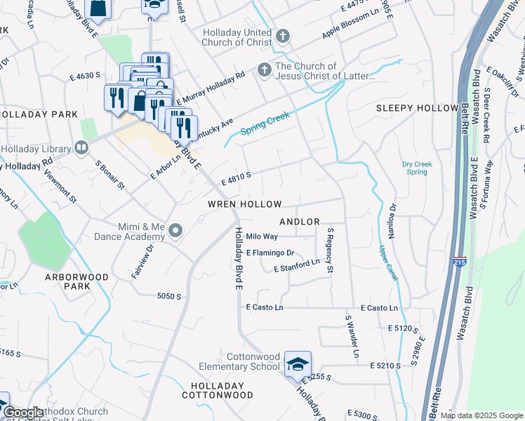 map of restaurants, bars, coffee shops, grocery stores, and more near 2584 East Wren Road in Holladay