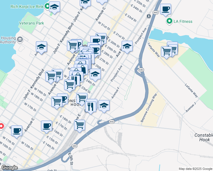 map of restaurants, bars, coffee shops, grocery stores, and more near 114 Prospect Avenue in Bayonne