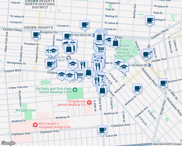 map of restaurants, bars, coffee shops, grocery stores, and more near 889 Empire Boulevard in Brooklyn