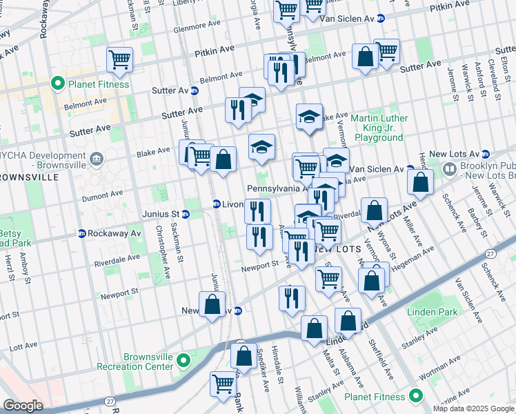map of restaurants, bars, coffee shops, grocery stores, and more near 486 Williams Avenue in Brooklyn