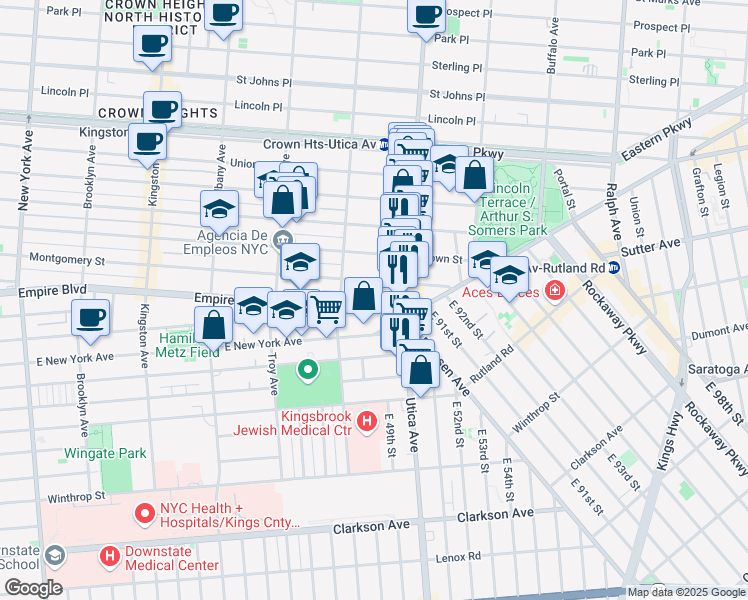map of restaurants, bars, coffee shops, grocery stores, and more near 889 Empire Boulevard in Brooklyn