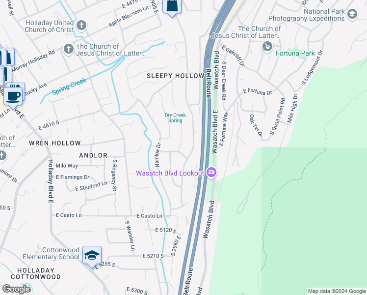 map of restaurants, bars, coffee shops, grocery stores, and more near 4855 Bron Breck Street in Holladay