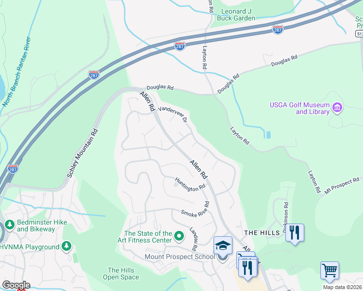 map of restaurants, bars, coffee shops, grocery stores, and more near 7 Gordon Place in Basking Ridge