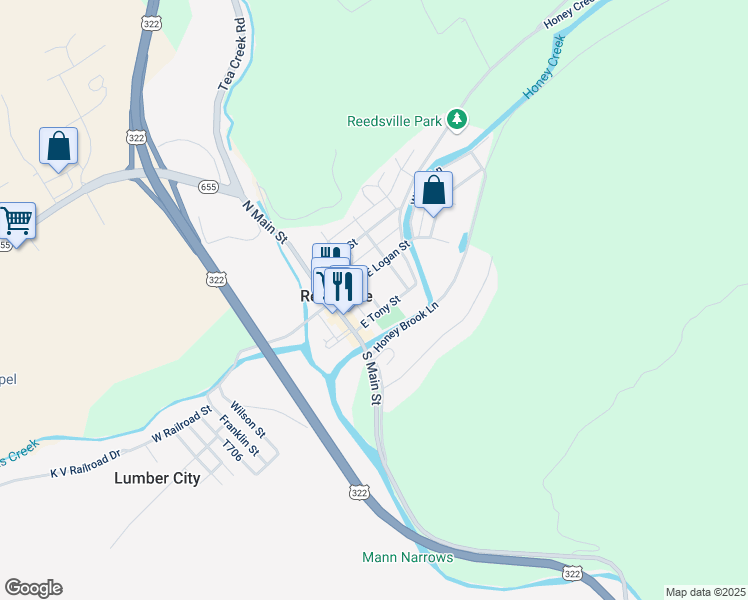 map of restaurants, bars, coffee shops, grocery stores, and more near 23 Church Street in Reedsville