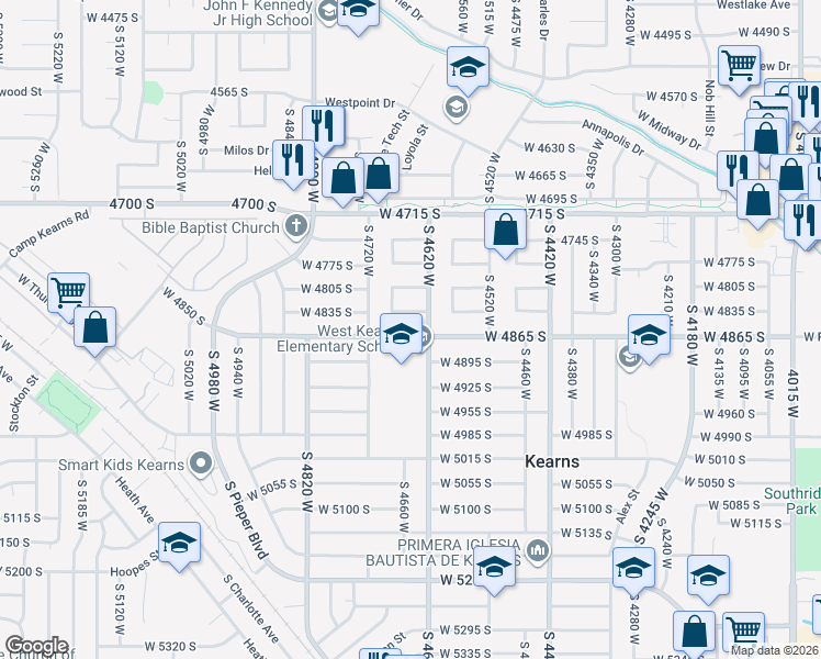 map of restaurants, bars, coffee shops, grocery stores, and more near 4656 West 4865 South in Salt Lake City