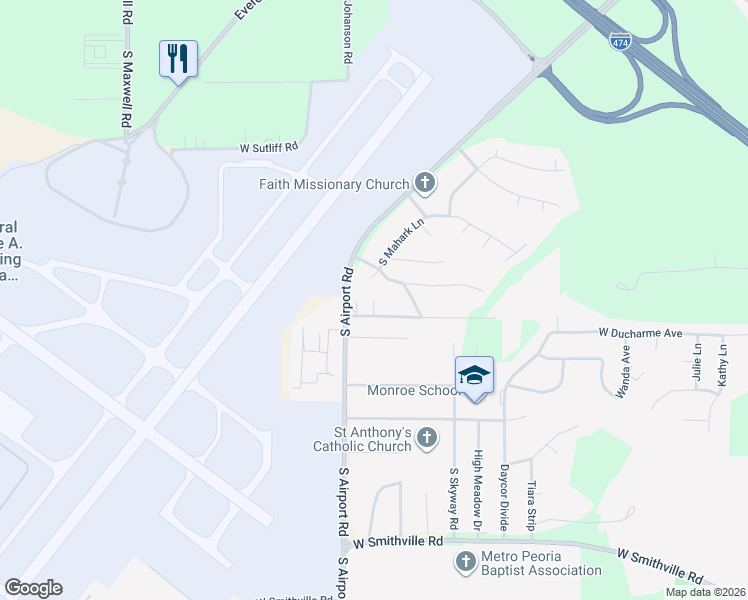 map of restaurants, bars, coffee shops, grocery stores, and more near 2100 South Delmar Court in Peoria