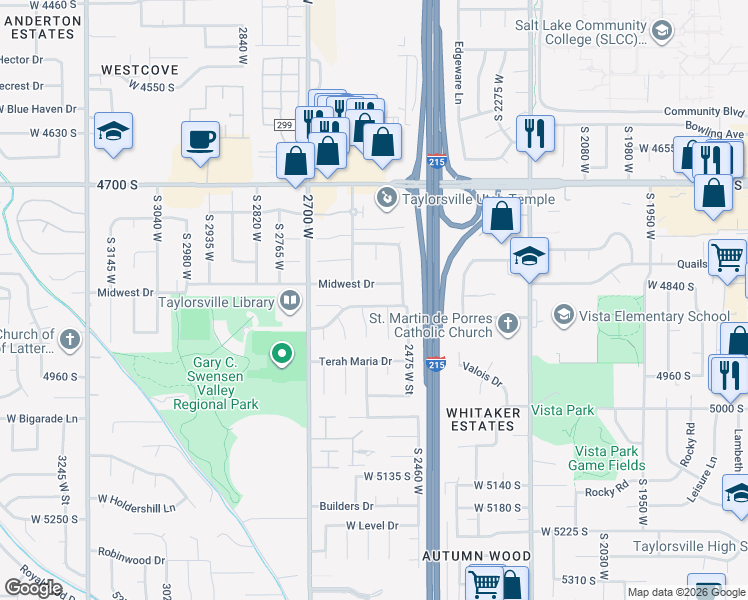 map of restaurants, bars, coffee shops, grocery stores, and more near 2548 Swasey Drive in Salt Lake City