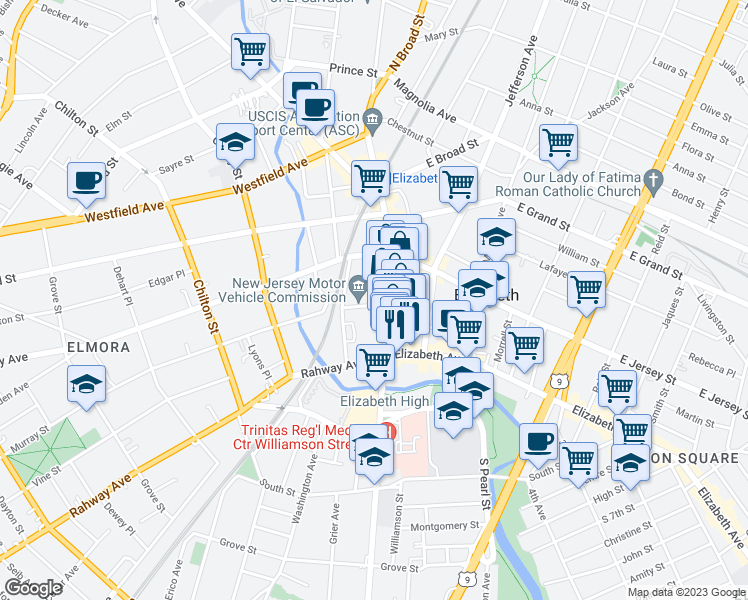 map of restaurants, bars, coffee shops, grocery stores, and more near 9 Caldwell Place in Elizabeth