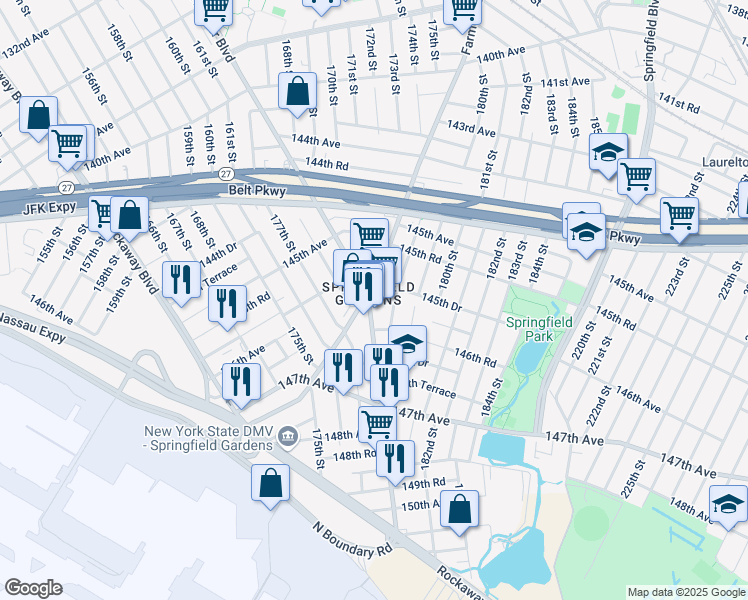map of restaurants, bars, coffee shops, grocery stores, and more near 145 Guy R Brewer Boulevard in Queens