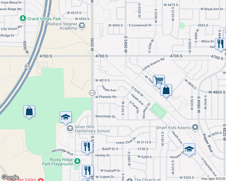 map of restaurants, bars, coffee shops, grocery stores, and more near 5481 West Heath Circle in Kearns