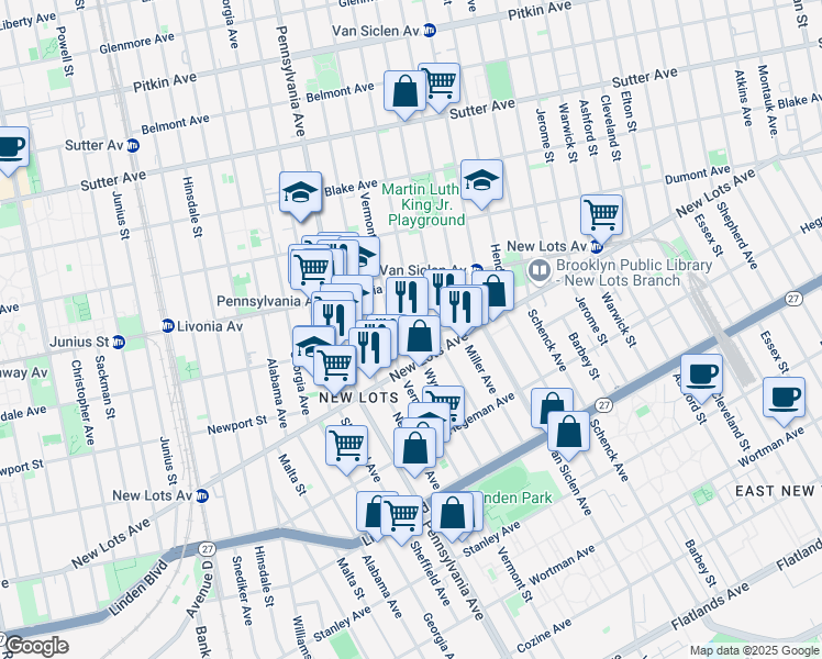 map of restaurants, bars, coffee shops, grocery stores, and more near 453 New Lots Avenue in Brooklyn