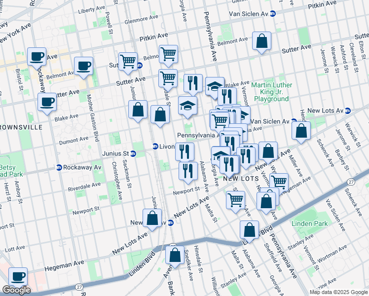map of restaurants, bars, coffee shops, grocery stores, and more near 486 Williams Avenue in Brooklyn
