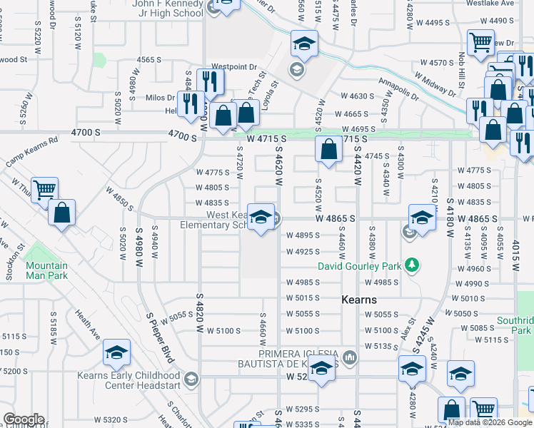 map of restaurants, bars, coffee shops, grocery stores, and more near 4656 West 4865 South in Kearns