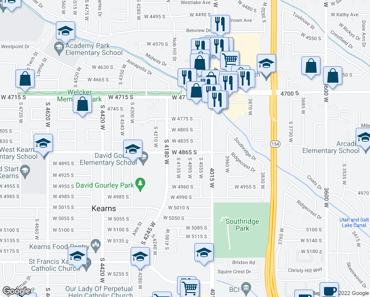 map of restaurants, bars, coffee shops, grocery stores, and more near 4149 West 4865 South in Kearns