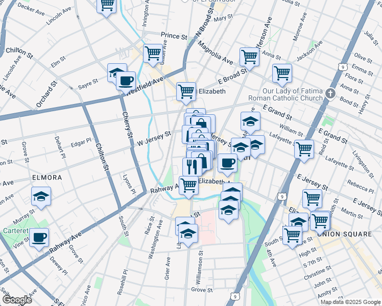 map of restaurants, bars, coffee shops, grocery stores, and more near 39-47 Caldwell Place in Elizabeth