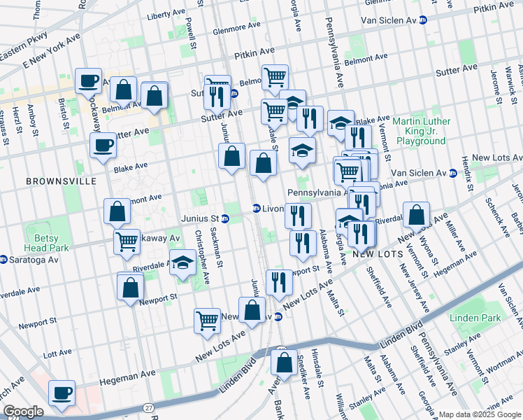 map of restaurants, bars, coffee shops, grocery stores, and more near 463 Livonia Avenue in Brooklyn