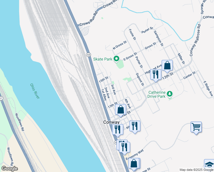 map of restaurants, bars, coffee shops, grocery stores, and more near 1413 2nd Avenue in Conway