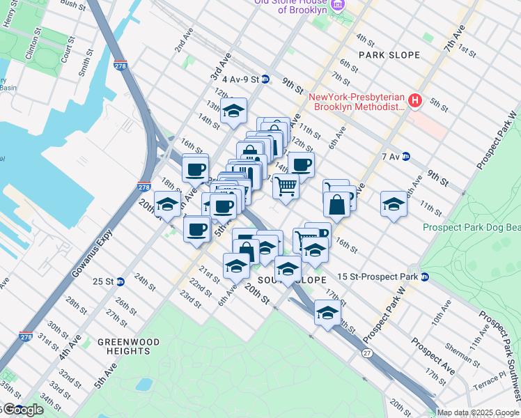 map of restaurants, bars, coffee shops, grocery stores, and more near 263 Prospect Avenue in Brooklyn