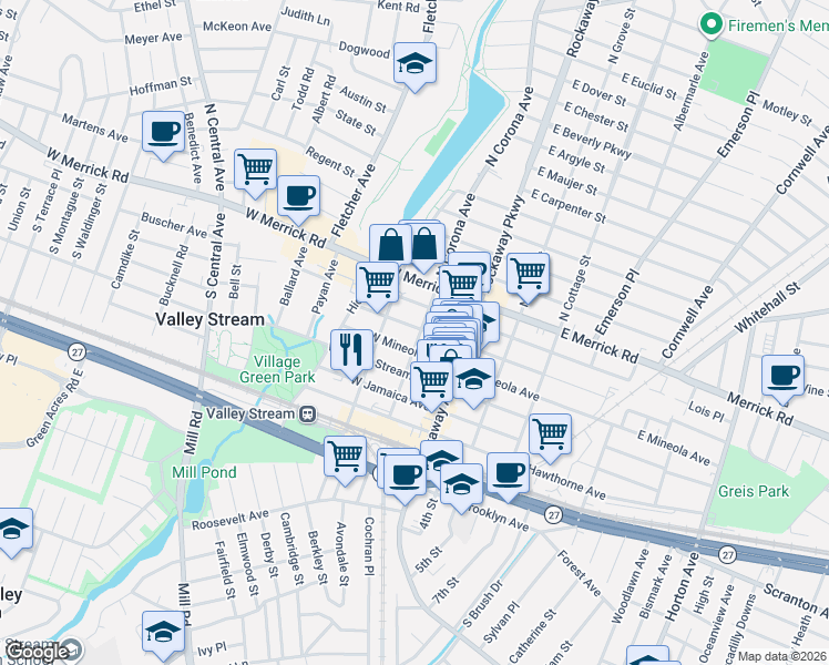 map of restaurants, bars, coffee shops, grocery stores, and more near 43 West Mineola Avenue in Valley Stream