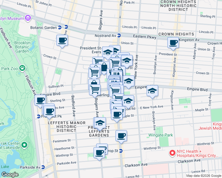 map of restaurants, bars, coffee shops, grocery stores, and more near 319 Empire Boulevard in Brooklyn