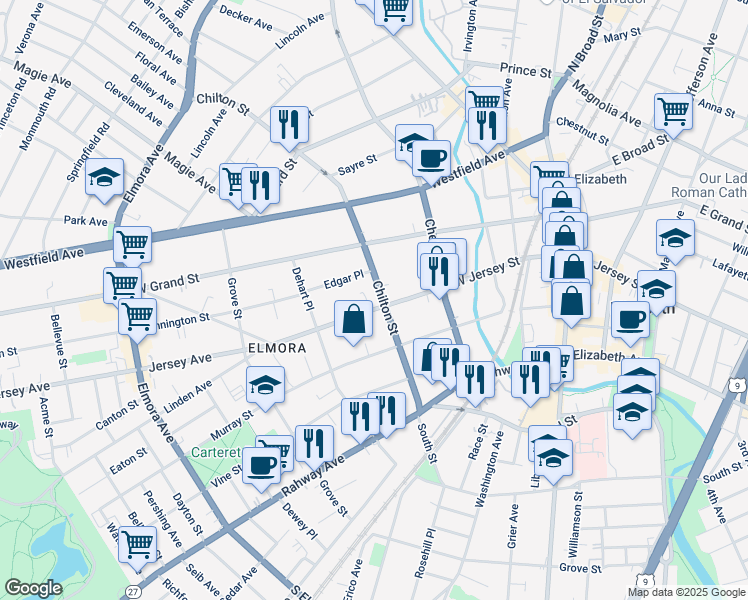 map of restaurants, bars, coffee shops, grocery stores, and more near 201-211 West Jersey Street in Elizabeth