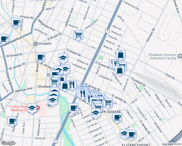 map of restaurants, bars, coffee shops, grocery stores, and more near 138 Reid Street in Elizabeth