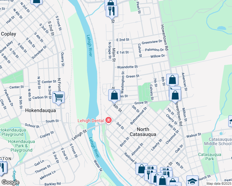 map of restaurants, bars, coffee shops, grocery stores, and more near 1126 Washington Street in Catasauqua