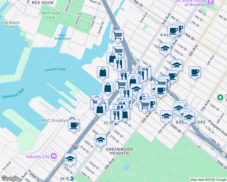 map of restaurants, bars, coffee shops, grocery stores, and more near in Brooklyn