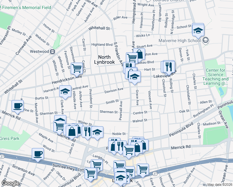 map of restaurants, bars, coffee shops, grocery stores, and more near 41 Smith Street in Lynbrook