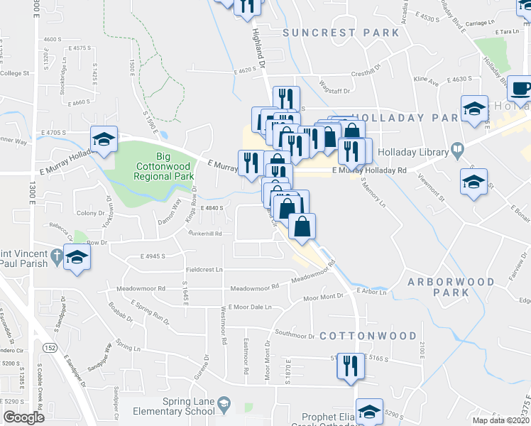 map of restaurants, bars, coffee shops, grocery stores, and more near 4838 Highland Drive in Holladay