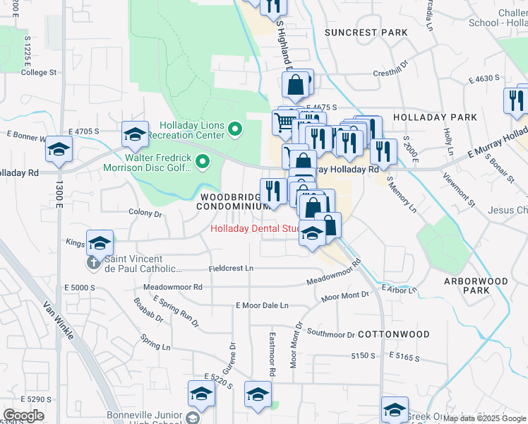 map of restaurants, bars, coffee shops, grocery stores, and more near 4874 Highland Circle in Holladay