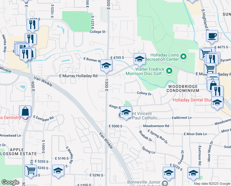 map of restaurants, bars, coffee shops, grocery stores, and more near 1341 Rebecca Circle in Holladay