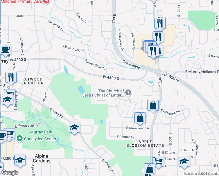 map of restaurants, bars, coffee shops, grocery stores, and more near 4880 South 3 Fountains Drive in Murray