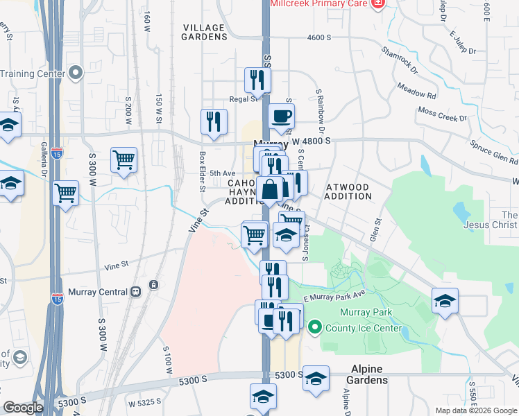 map of restaurants, bars, coffee shops, grocery stores, and more near 4973 State Street in Murray
