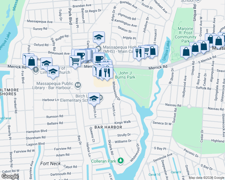 map of restaurants, bars, coffee shops, grocery stores, and more near 177 Southgate Crescent in Massapequa Park