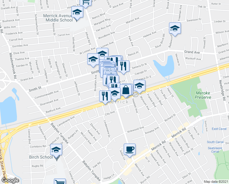 map of restaurants, bars, coffee shops, grocery stores, and more near 2 Merrick Avenue in Merrick