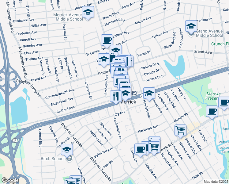 map of restaurants, bars, coffee shops, grocery stores, and more near 1240 New York 27 in Merrick