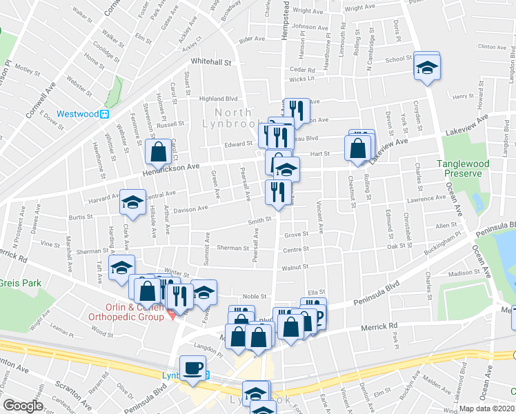 map of restaurants, bars, coffee shops, grocery stores, and more near 65 Pearsall Avenue in Lynbrook