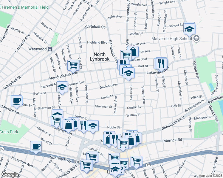 map of restaurants, bars, coffee shops, grocery stores, and more near 41 Smith Street in Lynbrook