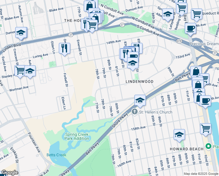 map of restaurants, bars, coffee shops, grocery stores, and more near 155-17 79th Street in Queens