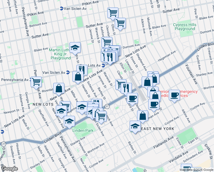 map of restaurants, bars, coffee shops, grocery stores, and more near 694 Jerome Street in Brooklyn