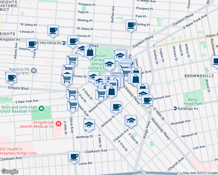 map of restaurants, bars, coffee shops, grocery stores, and more near 80 East 95th Street in Brooklyn