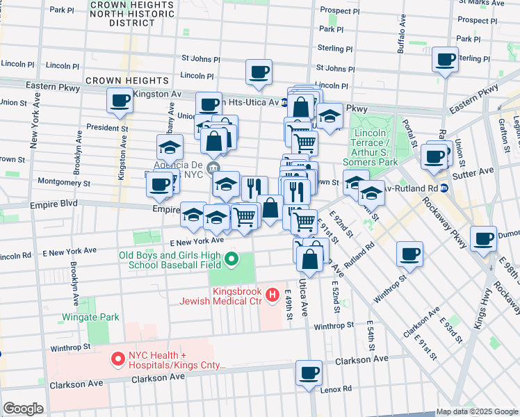map of restaurants, bars, coffee shops, grocery stores, and more near 842 Lefferts Avenue in Brooklyn