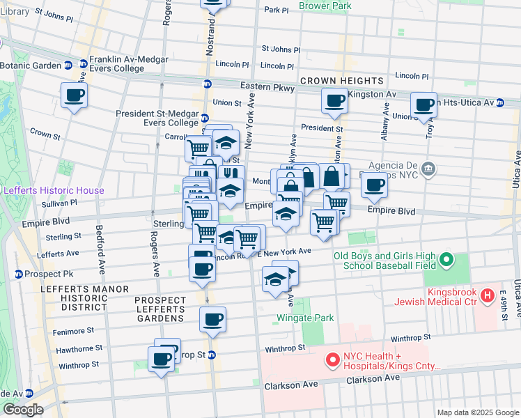 map of restaurants, bars, coffee shops, grocery stores, and more near 425 Sterling Street in Brooklyn
