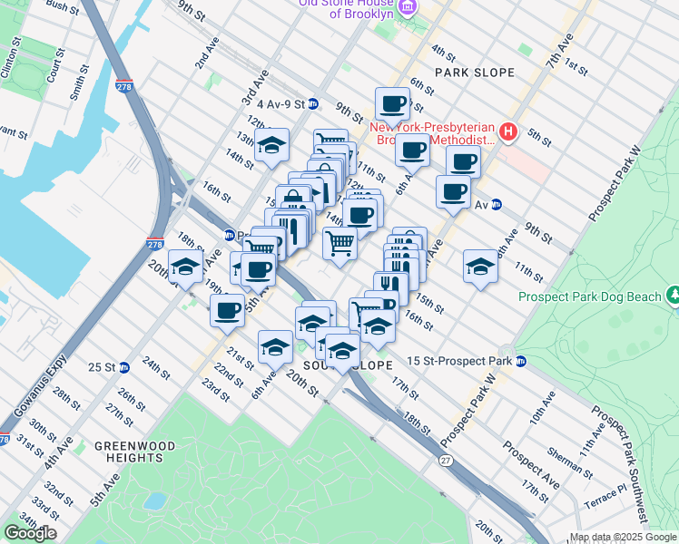 map of restaurants, bars, coffee shops, grocery stores, and more near 581 6th Avenue in Brooklyn