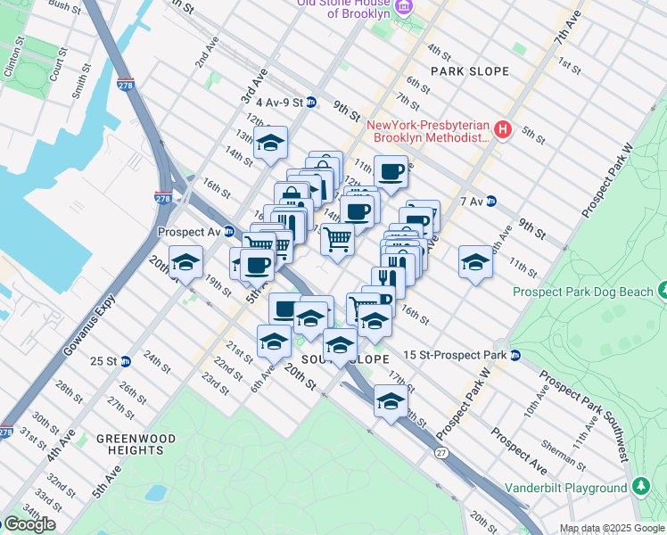 map of restaurants, bars, coffee shops, grocery stores, and more near 581 6th Avenue in Brooklyn