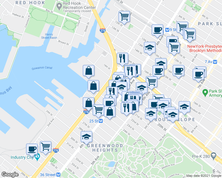 map of restaurants, bars, coffee shops, grocery stores, and more near 147 21st Street in Brooklyn